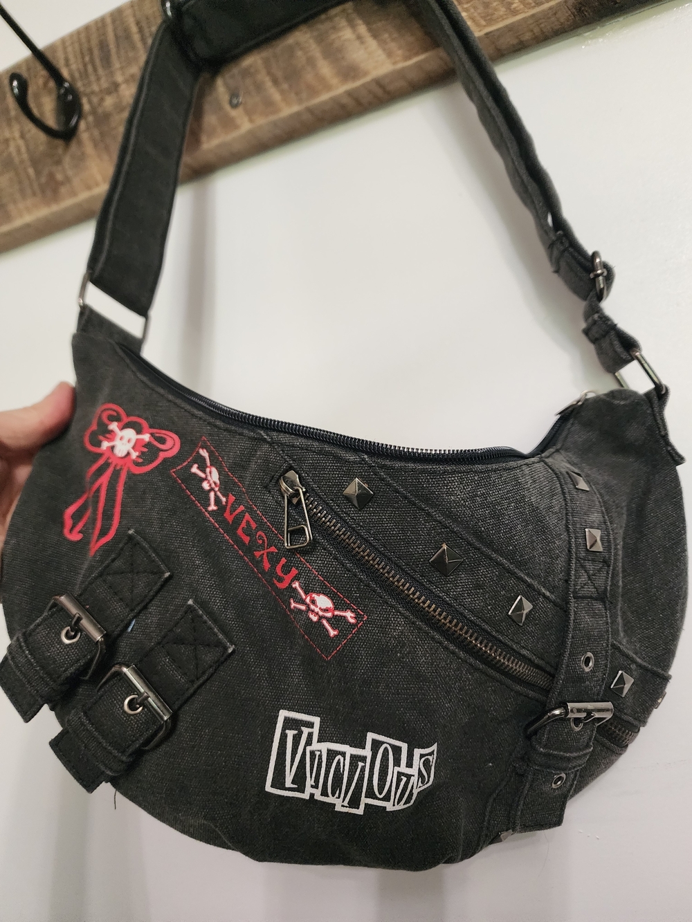 Vexy Tripp Black Grey Canvas Bag Vintage 90s Skull Studded Punk Goth Rock Purse